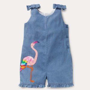 Mini Boden Flamingo Appliqué Tie Shoulder Frill Playsuit - Size 6-7Y